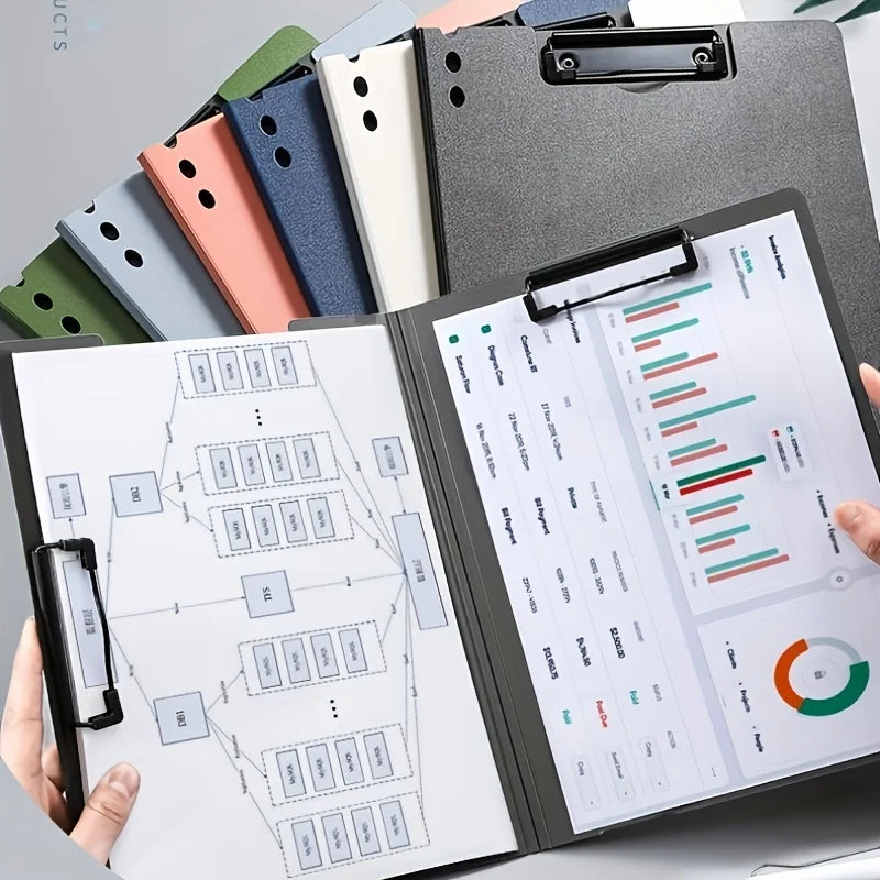 White A4 file folder with cover, documents organizer and clipboard, ideal for business, school, and office stationery.