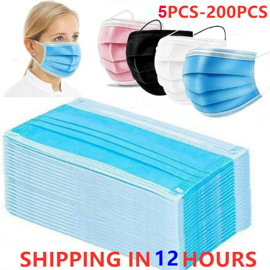 Pink and black disposable non-woven 3-layer face mask with elastic earbands, breathable design for adult protection.
