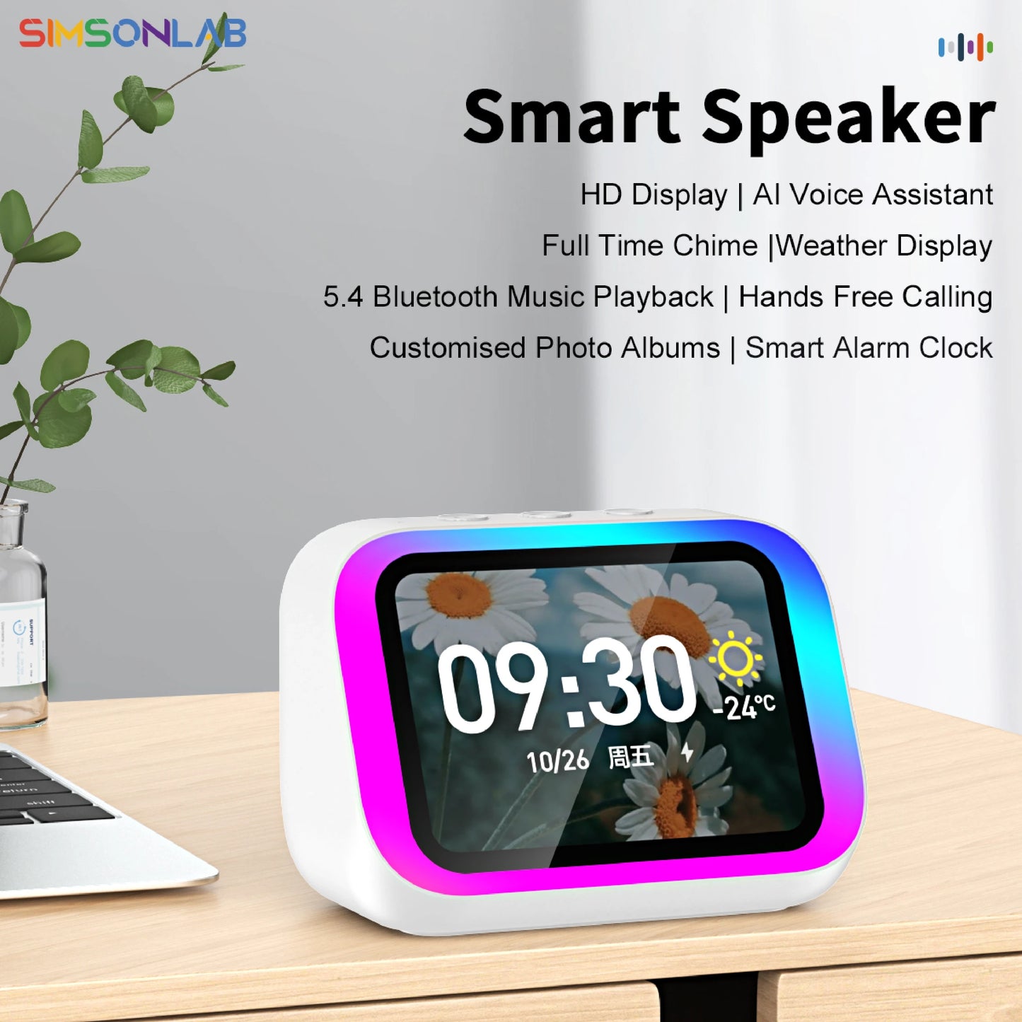 White 2026 Smart Speaker with screen display, voice assistant, Bluetooth, home hub, photo album, and multifunctional features.