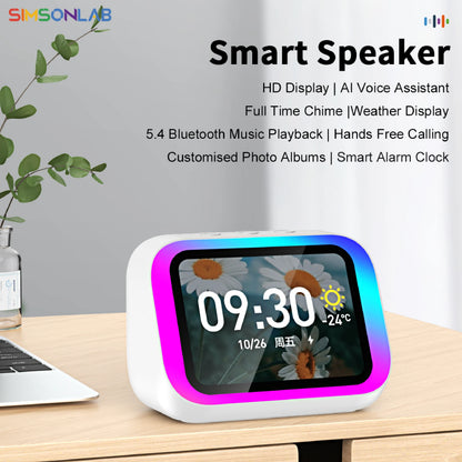 White 2026 Smart Speaker with screen display, voice assistant, Bluetooth, home hub, photo album, and multifunctional features.