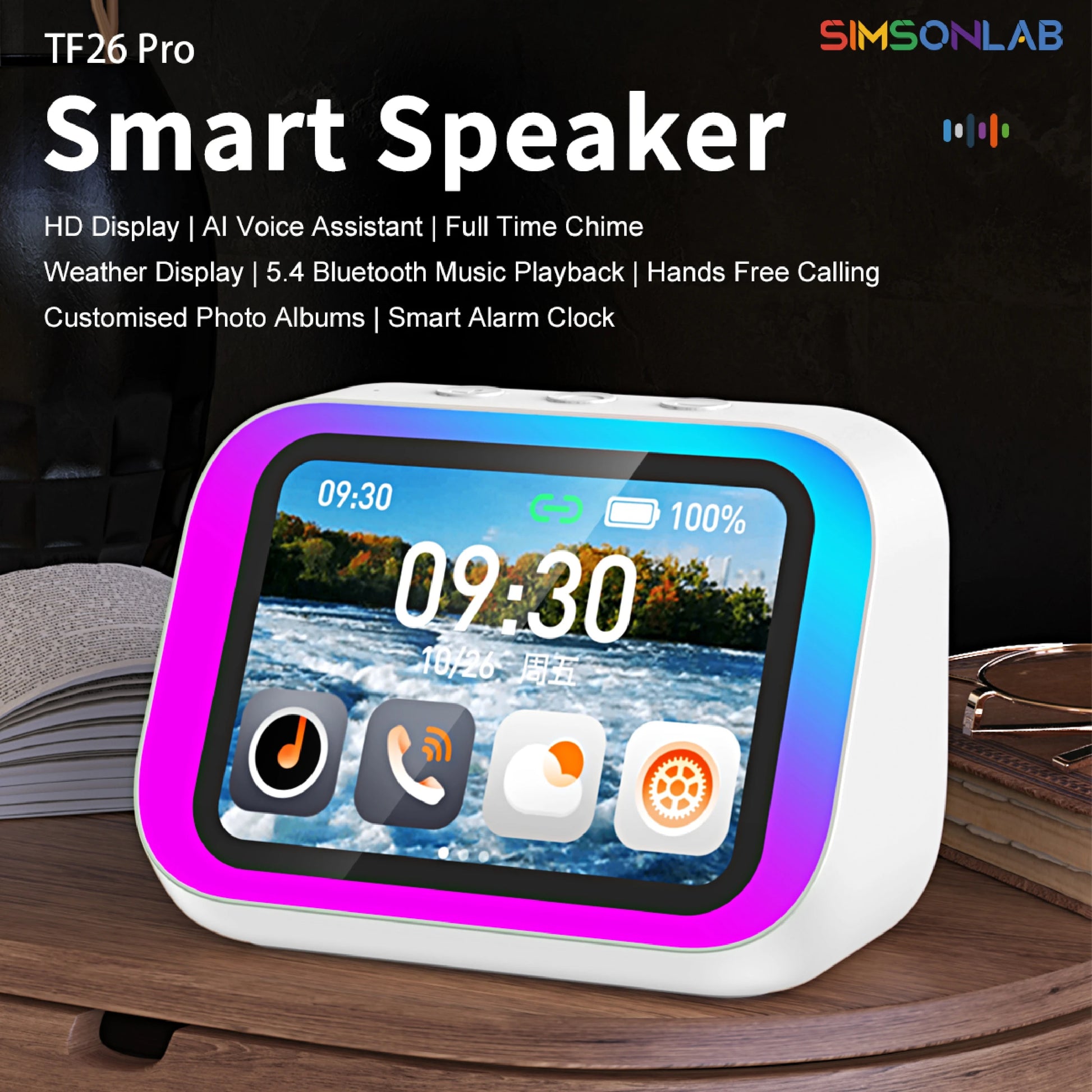 White 2026 Smart Speaker with screen, voice assistant, Bluetooth, home hub, photo album, and multifunctional smart device.