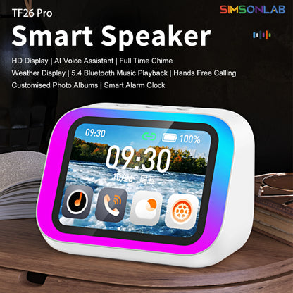 White 2026 Smart Speaker with screen, voice assistant, Bluetooth, home hub, photo album, and multifunctional smart device.