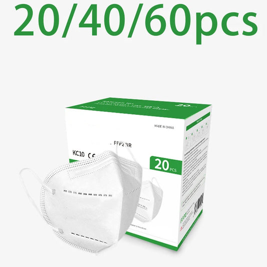 White and black 5-layer KN95 masks with breathable elastic earrings, 95% filtration efficiency, dustproof, available in packs of 20, 40, or 60.