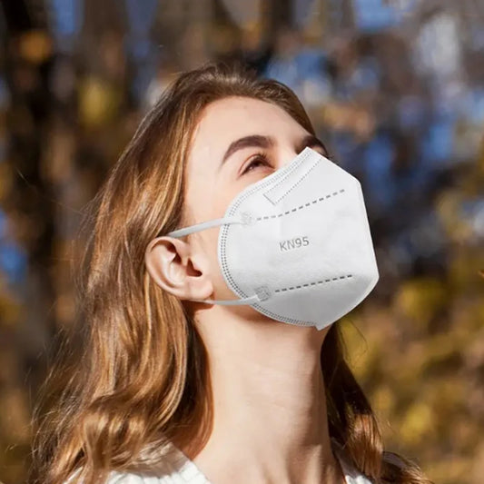 Set of 20/40/60 white and black 5-layer KN95 masks with breathable elastic ear loops and 95% filtration efficiency.