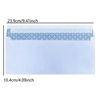 White windowless business envelope by BackupMyFilesNow, secure self-sealing A4 size for bills, invoices, 10-100 pack, 20 pcs shown.