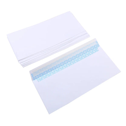 White windowless business envelope by BackupMyFilesNow.com, secure self-sealing design, holds A4 paper, available in packs of 10 to 100.