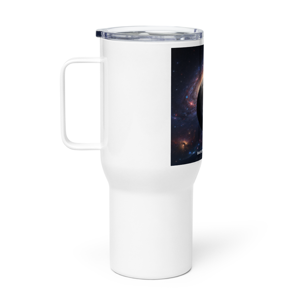 White 25 oz BACKUPMYFILESNOW.COM® travel mug with a handle, designed for hot and cold beverages on the go.