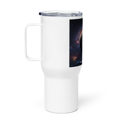 White 25 oz BACKUPMYFILESNOW.COM® travel mug with a handle, designed for hot and cold beverages on the go.