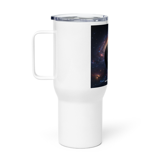 White 25 oz BACKUPMYFILESNOW.COM® travel mug with a handle, designed for hot and cold beverages on the go.