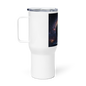 White 25 oz BACKUPMYFILESNOW.COM® travel mug with a handle, designed for hot and cold beverages on the go.