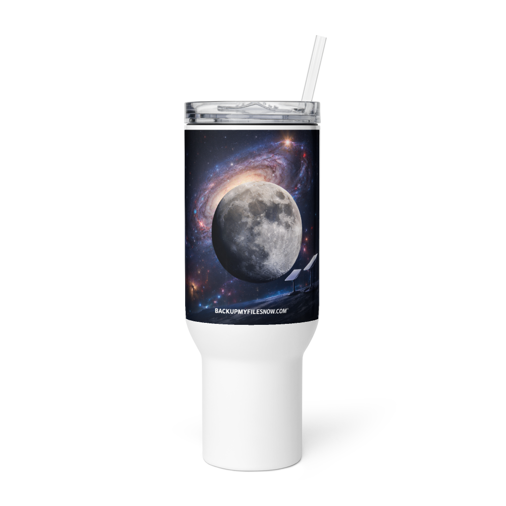 White 25 oz travel mug with handle by BACKUPMYFILESNOW.COM®, featuring a sturdy design for hot and cold beverages.