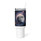 White 25 oz travel mug with handle by BACKUPMYFILESNOW.COM®, featuring a sturdy design for hot and cold beverages.