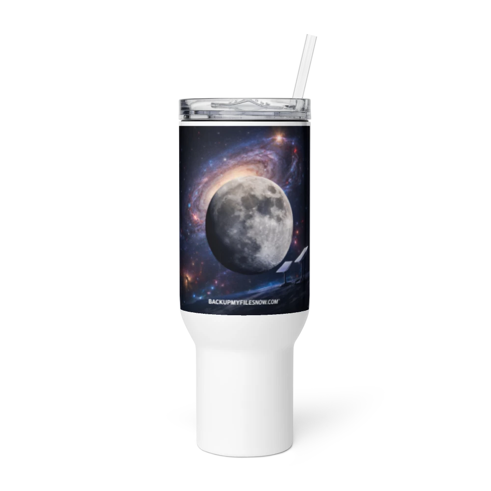 White 25 oz BACKUPMYFILESNOW.COM® travel mug with a handle, designed for hot and cold beverages on the go.