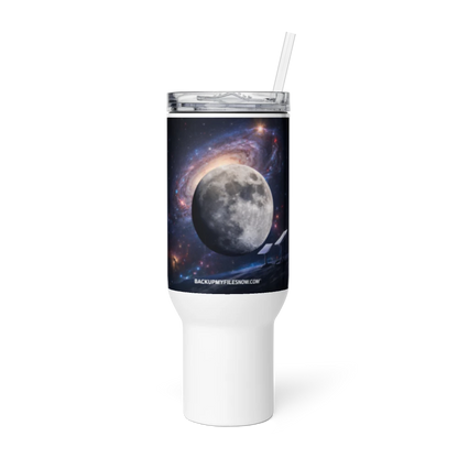 White 25 oz BACKUPMYFILESNOW.COM® travel mug with a handle, designed for hot and cold beverages on the go.