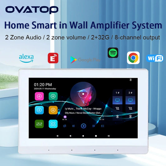 Smart Audio touch screen control panel with Android 11, Wi-Fi, Bluetooth, and 8x30W ceiling speakers for wall-mounted sound system.