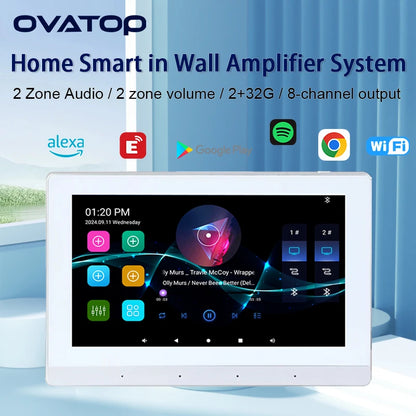 Smart Audio touch screen control panel with Android 11, Wi-Fi, Bluetooth, and 8x30W ceiling speakers for wall-mounted sound system.