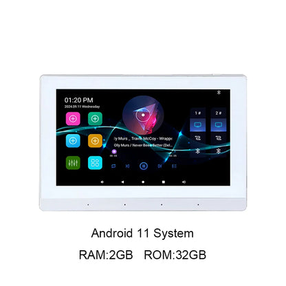 Smart Audio touch screen control panel with Android 11, WiFi, Bluetooth, and 8x30W ceiling speakers for music and amplification.