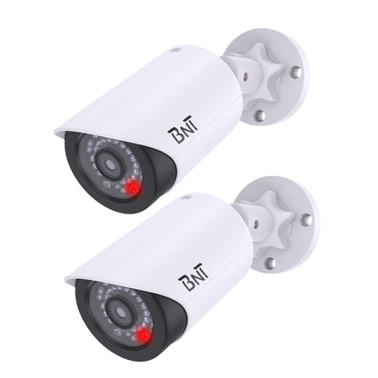 Two white BNT Dummy Fake Security Cameras with red LED lights for indoor and outdoor home or business security.