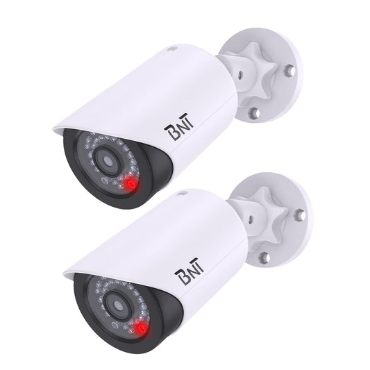 Two white BNT Dummy Fake Security Cameras with red LED lights for indoor and outdoor home or business security.