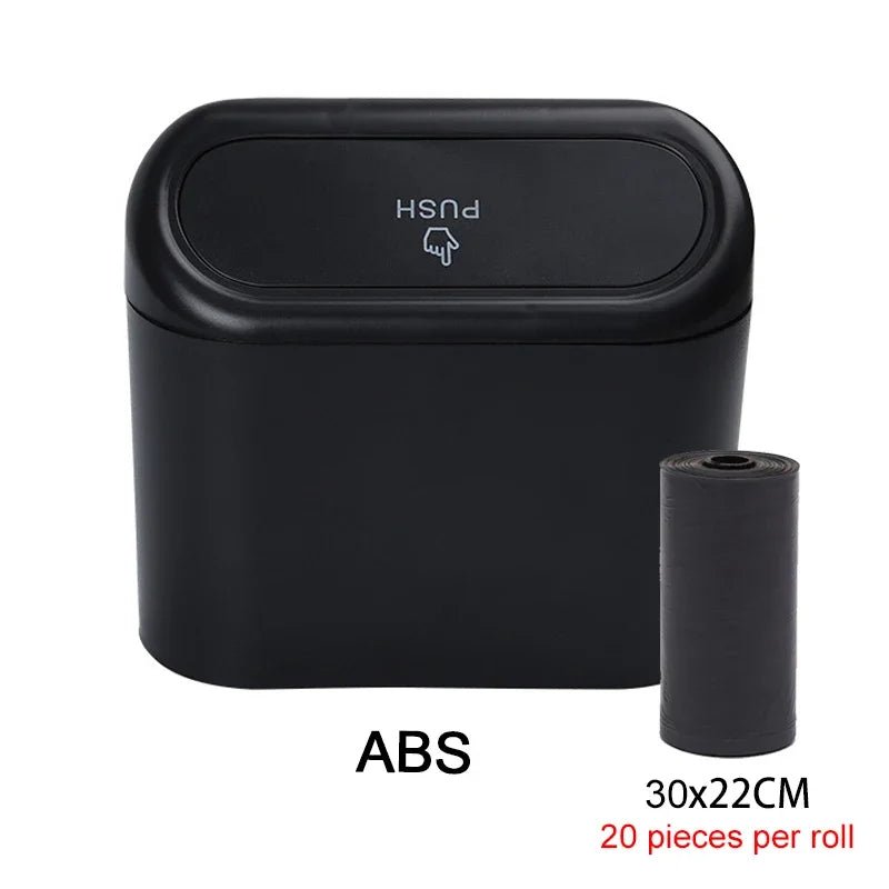 White BACKUPMYFILESNOW.COM® car trash can with lid, small leak-proof container with 60 garbage bags for car organization.