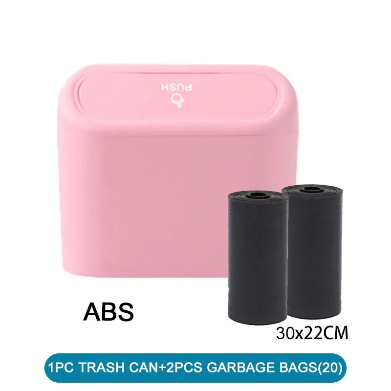 White car trash can with lid from BACKUPMYFILESNOW.COM®, includes 60 garbage bags, leak-proof mini car accessory for trash storage.