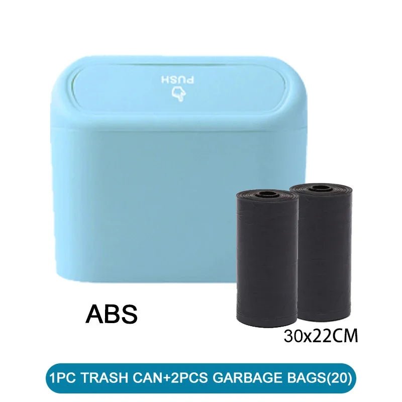 White BACKUPMYFILESNOW.COM® car trash can with lid, small leak-proof design, containing 60 garbage bags for car organization.