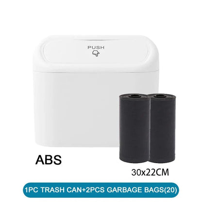 White BACKUPMYFILESNOW.COM® Car Trash Can with lid, small leak-proof design, includes 60 garbage bags, ideal for car organization.