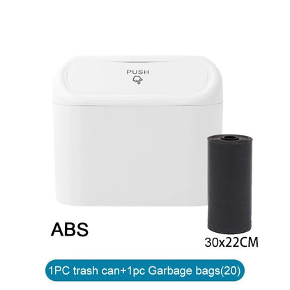 White BACKUPMYFILESNOW.COM® car trash can with lid, small leak-proof design, containing 60 garbage bags, suitable for car organization.