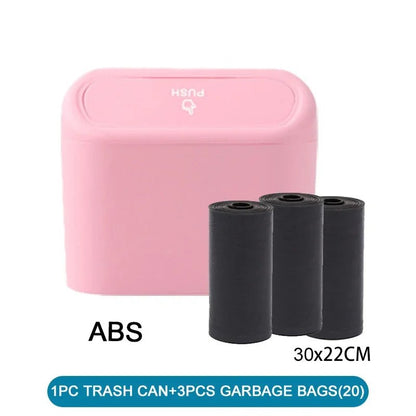 White car trash can with lid and 60 garbage bags, leak-proof mini car accessory for organizing waste in vehicles.