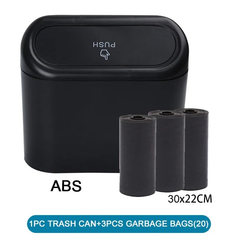 White BACKUPMYFILESNOW.COM® car trash can with lid, small leak-proof container with 60 garbage bags, compact mini car accessory