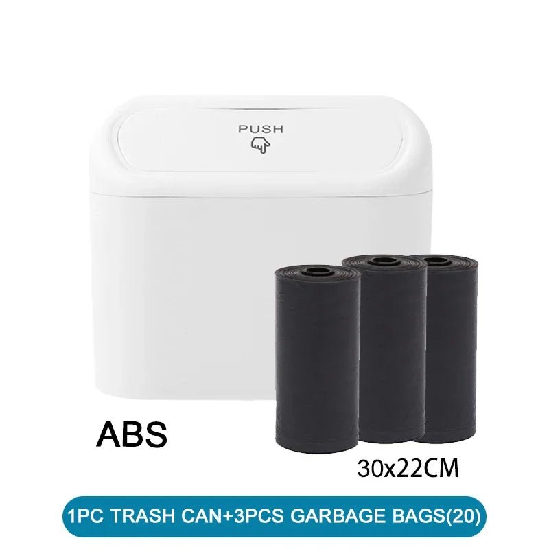 White car trash can with lid from BACKUPMYFILESNOW.COM, leak-proof mini car accessory with 60 garbage bags included.