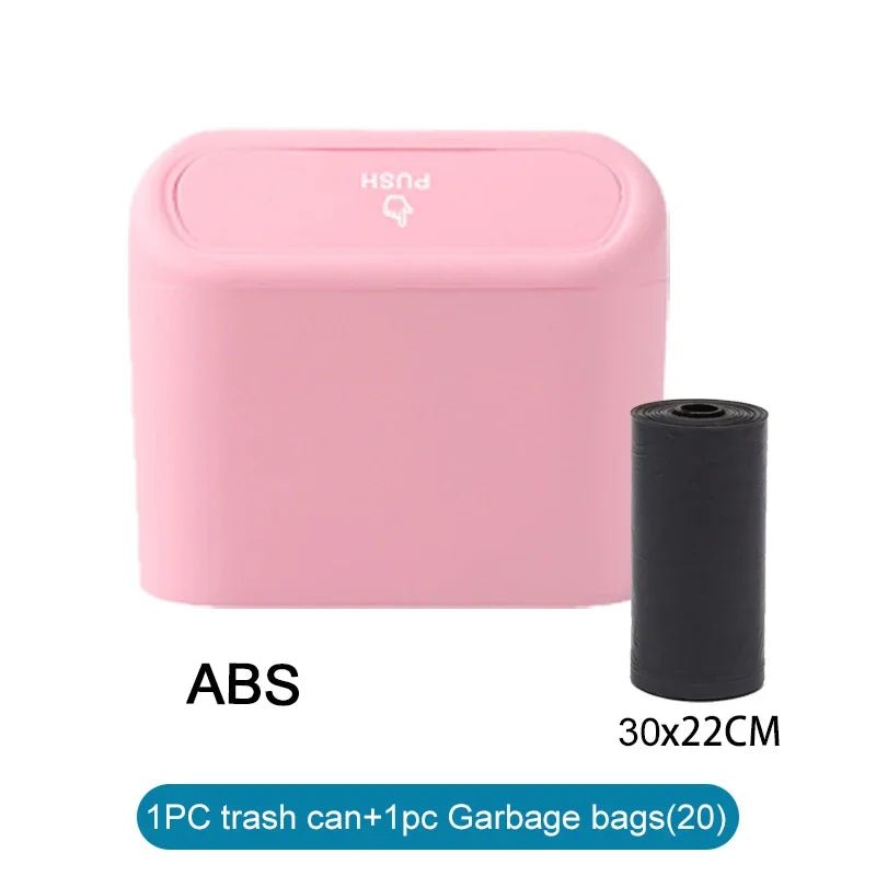 White BACKUPMYFILESNOW.COM® car trash can with lid, small leak-proof design, includes 60 garbage bags for vehicle organization.