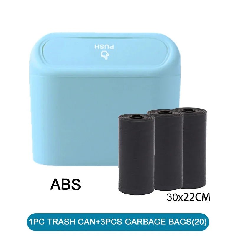 White BACKUPMYFILESNOW.COM® car trash can with lid, includes 60 garbage bags, leak-proof small car accessory for waste management