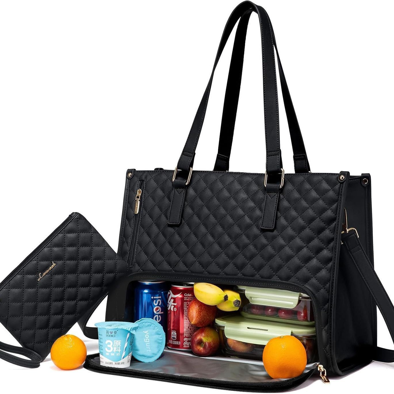 Women's insulated lunch bag in white with black accents, compact design, ideal for keeping food fresh on the go.