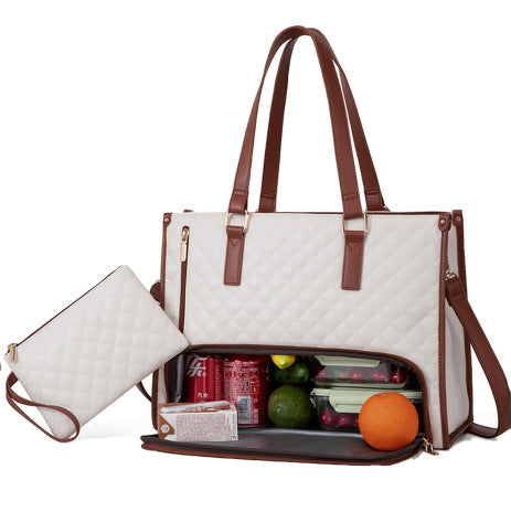 Women's insulated lunch bag in white with dimensions 36x16x30cm, featuring a durable design for keeping food fresh.
