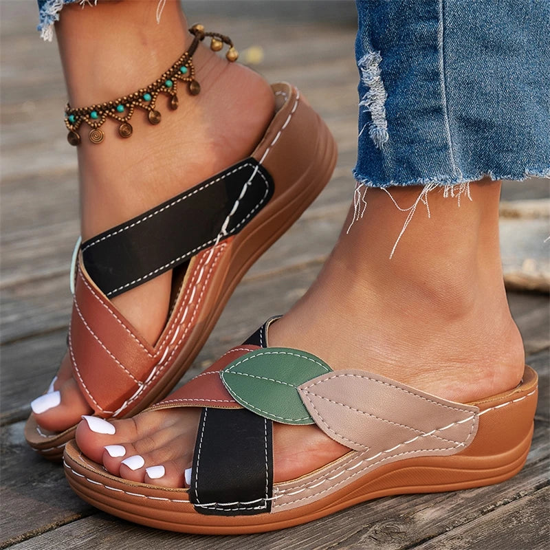 White women's wedge sandals with slip-on design, retro style, elegant summer footwear for women.