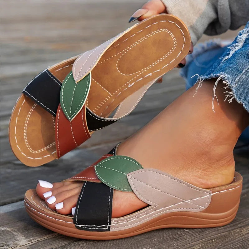 White women's fashion summer wedge sandals by BackupMyFilesNow.com featuring slip-on retro design and elegant comfortable footwear.