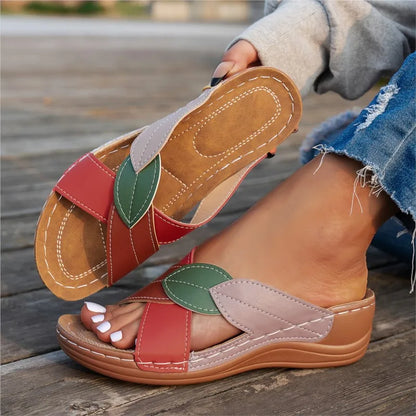 White summer women's wedge sandals featuring slip-on design, retro style, elegant footwear for women.