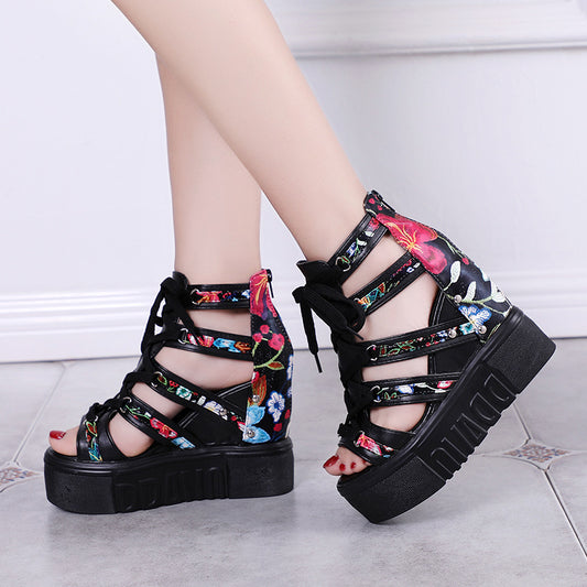 Floral Fish Mouth women's sandals with trifle bottom by BACKUPMYFILESNOW.COM®, showcasing colorful flower design and textured sole.