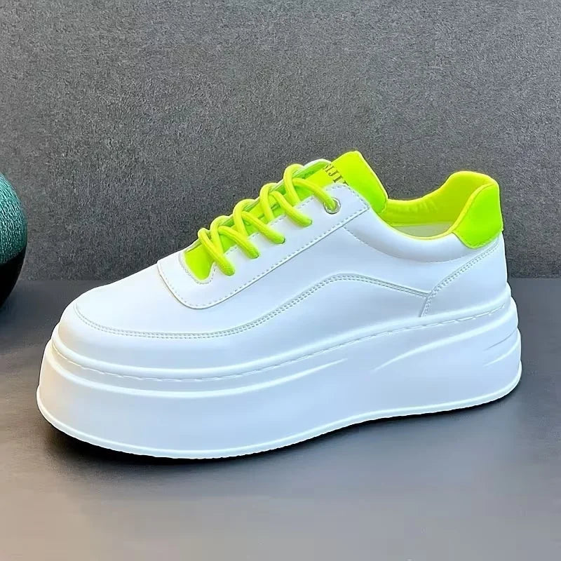 Men's lightweight casual business shoes with thick sole in white and green, made of PU material for outdoor leisure wear.