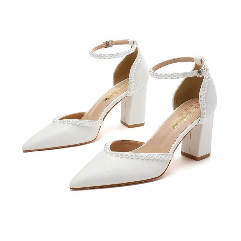 White pointed tie high heels for women, size 43, with thick heels, hollow design, handmade pearls, perfect for bridal wedding shoes.