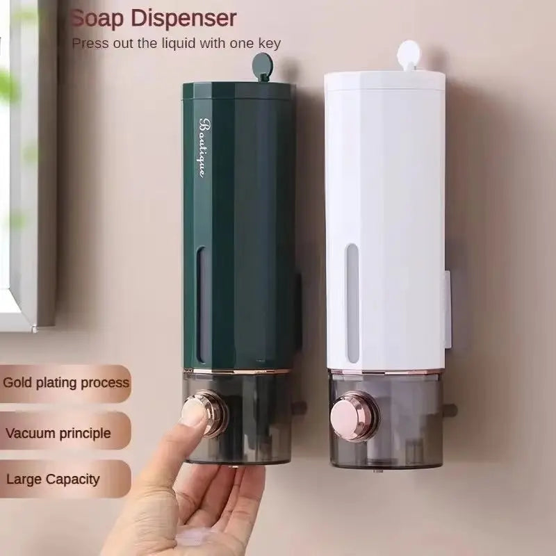 White BackupMyFilesNow.com non-perforating soap and hand sanitizer dispenser with wall hanger, suitable for home, hotel, shower, and shampoo.