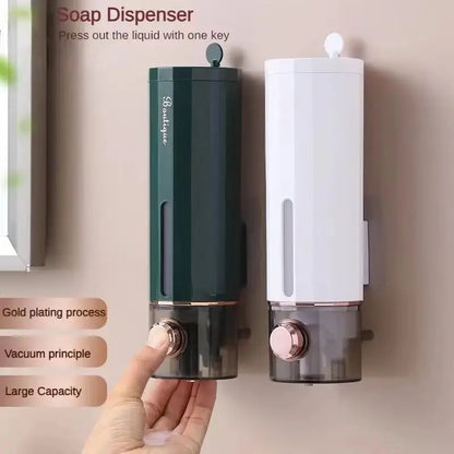 White BackupMyFilesNow.com non-perforating soap and hand sanitizer dispenser with wall hanger, suitable for home, hotel, shower, and shampoo.