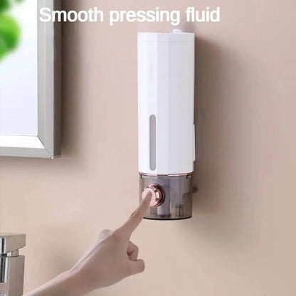 White BackupMyFilesNow.com 450ml non-perforating soap dispenser with wall hanger, suitable for hand sanitizer, shower gel, or shampoo.