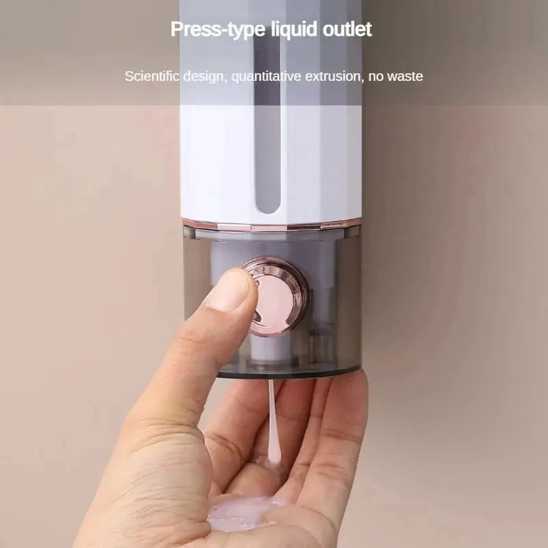 White BackupMyFilesNow.com 450ml non-perforating wall-mounted soap dispenser with hand sanitizer and shower gel for home or hotel use.