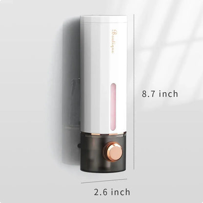 White BackupMyFilesNow.com 450ml non-perforating soap dispenser with wall hanger for hand sanitizer, shower gel, and shampoo.
