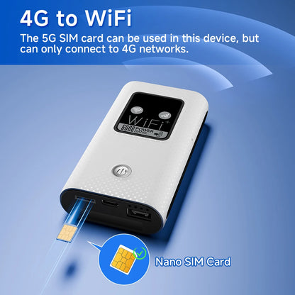 Portable 4G LTE WiFi router with SIM card slot, 150 Mbps speed, 6000mAh power bank, outdoor hotspot and mini wireless modem.