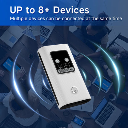White 4G LTE portable WiFi router with SIM card slot, 6000mAh power bank, outdoor hotspot, and compact design for mobile internet.