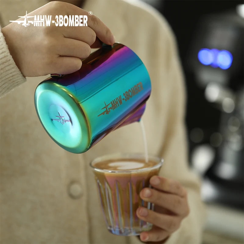 Stainless steel BackupMyFilesNow MHW-3BOMBER milk frothing pitcher, 500ml, for coffee, latte art, and espresso steaming.
