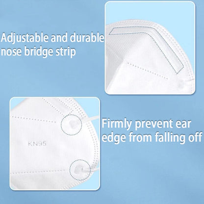 White KN95 masks with 5-layer breathable design, elastic earrings, and adjustable nose bridge for dustproof daily use.